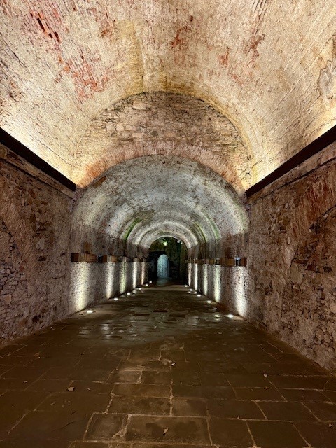 An illuminated stone tunnel with arched ceilings, featuring textured walls and a pathway leading to a door at the end.