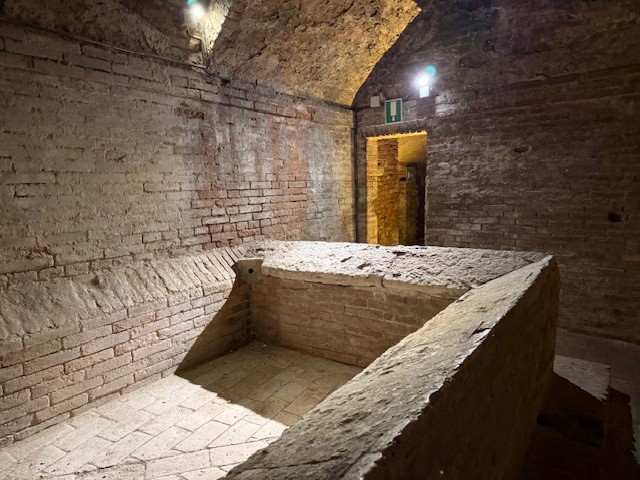 Interior of a historic stone cellar with brick walls, featuring a stone structure in the foreground and a doorway leading to another room.